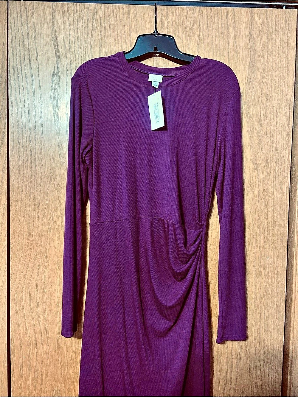 A New Day Women's Long Sleeve Side Rouching Midi Knit Dress Long Sleeve Side